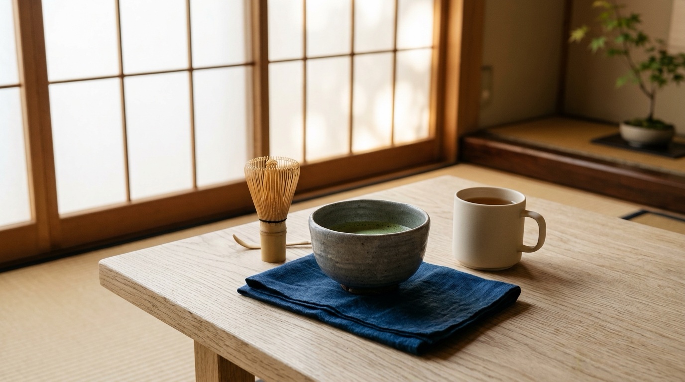 A matcha bowl, bamboo whisk and porcelain mug on an oak table in soft morning light